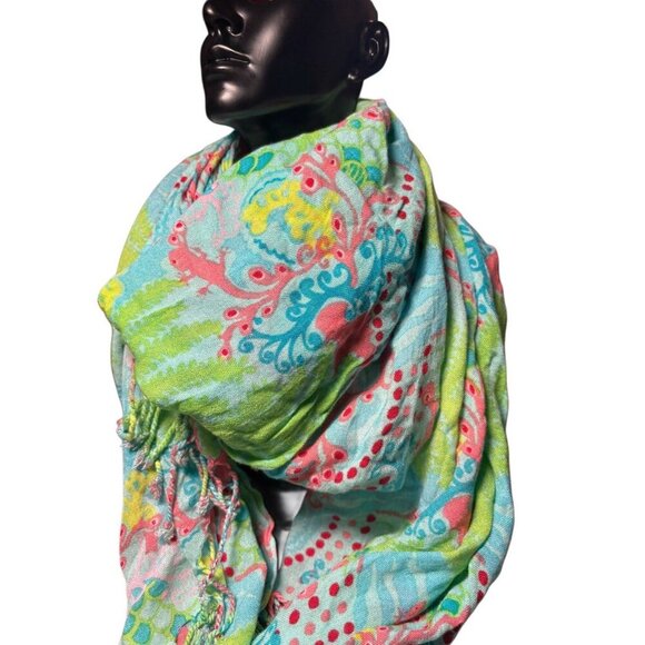 Lilly Pulitzer Checkin Gecko Scarf Colorful Lightweight, Size 65” X 26” - Picture 2 of 5